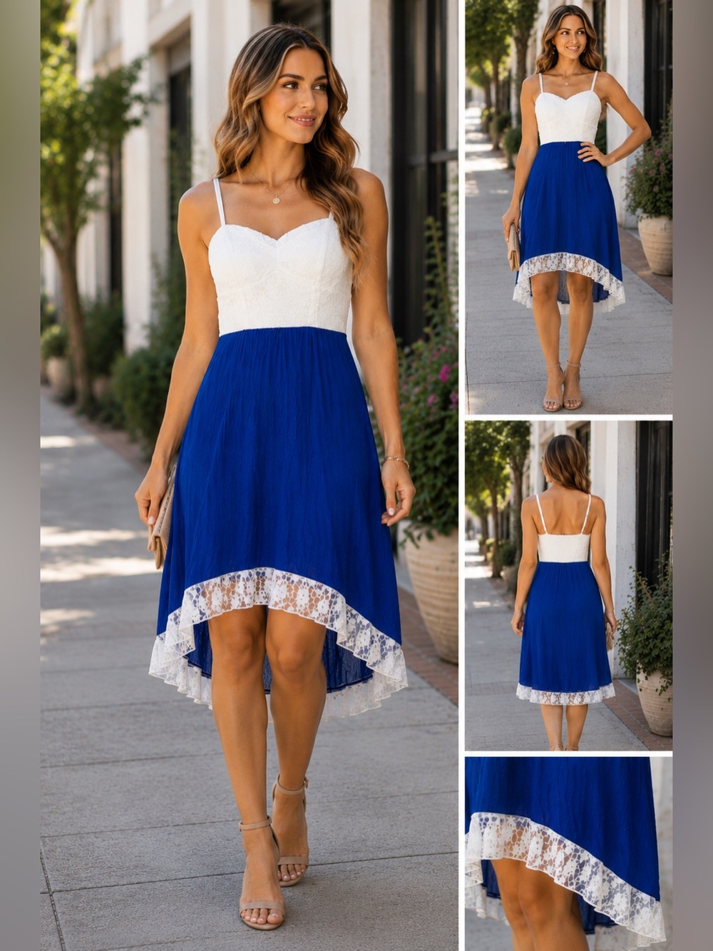Lily Rose Blue White Lace High Low Dress | Asymmetrical Hem Semi Formal  Medium